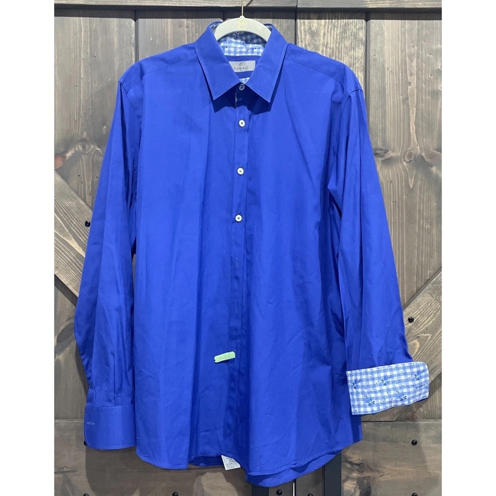 Canali Cotton Baumwolle Gingham Trim Blue Long Sleeves Shirt Italy Mens‎ XL
